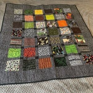 Handmade New Geometric Quilt Grey Green Orange Abstract Modern Lap Blanket #253